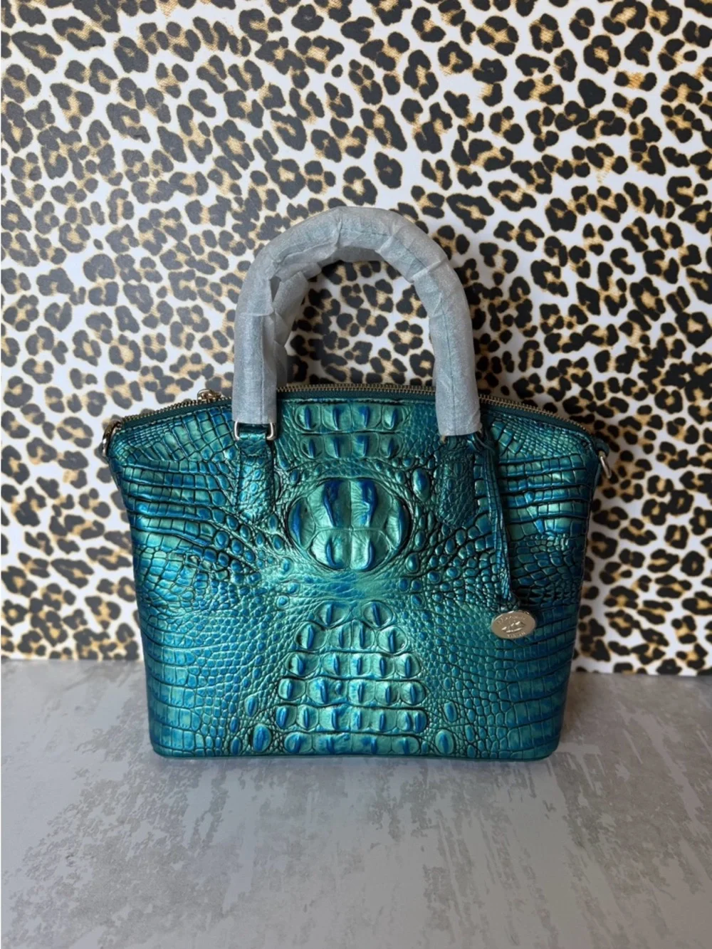 Brahmin Teal Iridescent Croc-Embossed Top-Handle Satchel - Picture 10 of 12